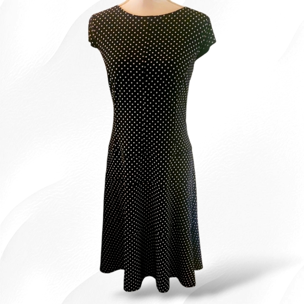 Anne Klein Cap Sleeve Dress Polka Dot Fit-Flared Back Zip Dress